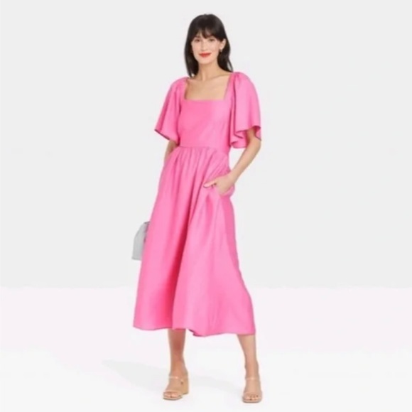 a new day Dresses & Skirts - A New Day NWT XL Pink Flutter short sleeve tie back open back midi dress
